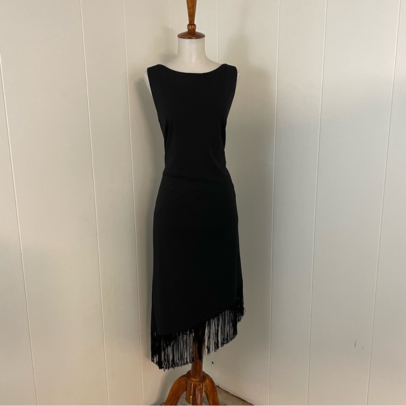 Vintage 90s Crew Neck Sleeveless Black Fringe Asymmetrical Hem Sheath Dress - Picture 1 of 9